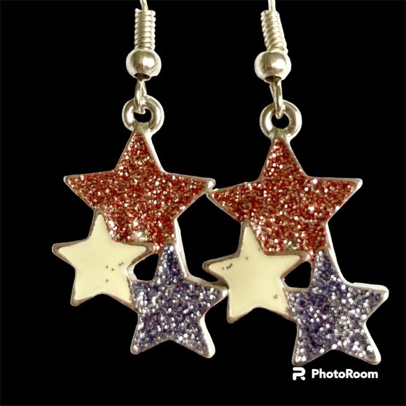 USA American Star Earrings Silver Plated 18" Patriotic July 4th Independence Day - Picture 2 of 10